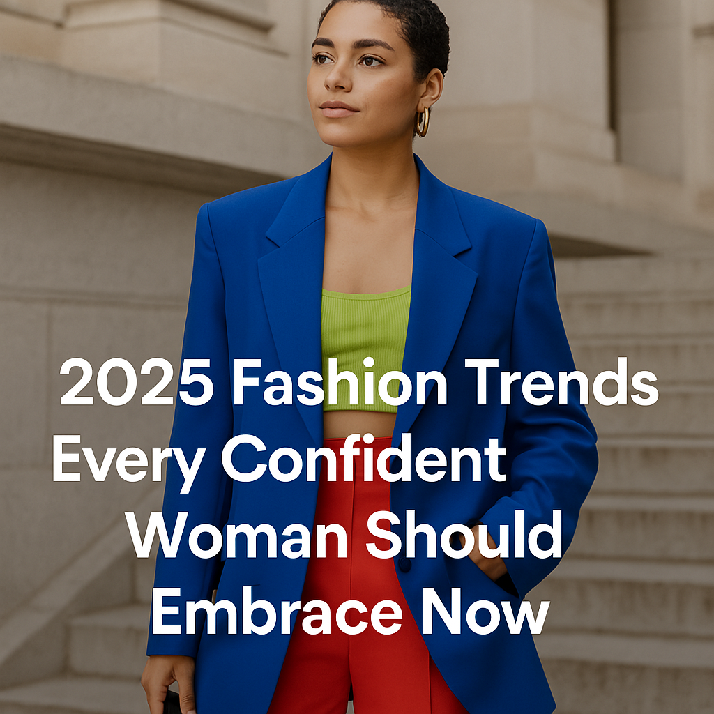A confident woman stands against a minimalist urban backdrop wearing a cobalt blue oversized blazer and red tailored trousers. She accessorizes with large gold hoop earrings and a structured black handbag, exuding modern fashion and bold style.