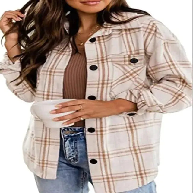 Women Flannel Casual Plaid Button Down Long Sleeve Woolen Shirt