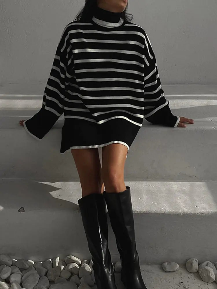 Loose Striped Turtleneck Sweater