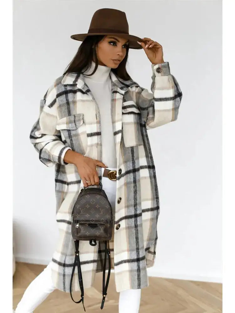 Women's Plaid Printed Long Overcoat Jacket