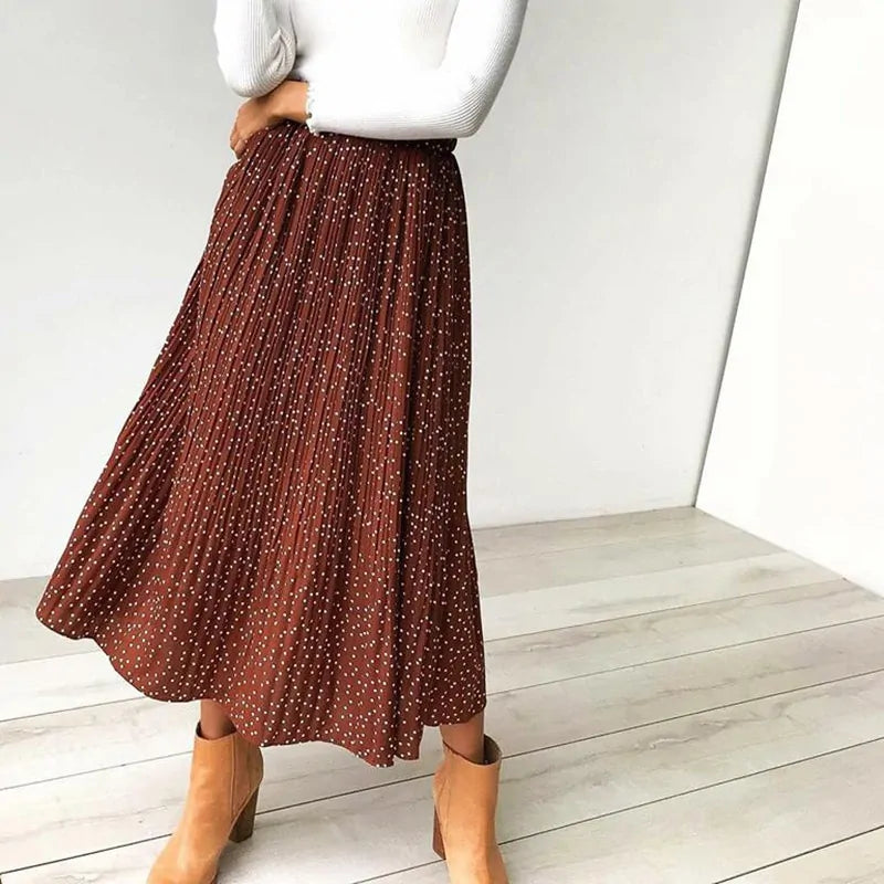 Women's Elastic High Waist Pleated Midi Skirt