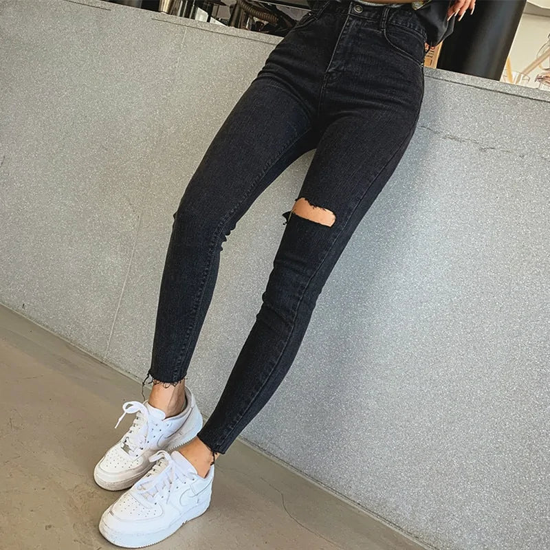 High Waist Tassel Ripped Denim Skinny Pants - Women's Black Jeans