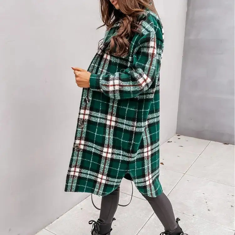 Women's Plaid Printed Long Overcoat Jacket