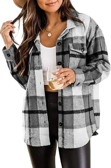 Women Flannel Casual Plaid Button Down Long Sleeve Woolen Shirt