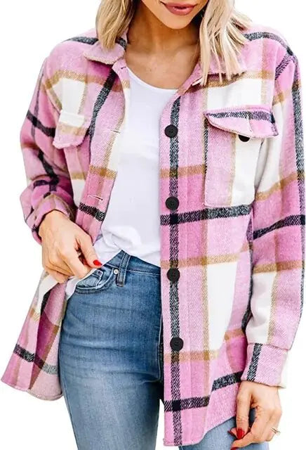 Women Flannel Casual Plaid Button Down Long Sleeve Woolen Shirt