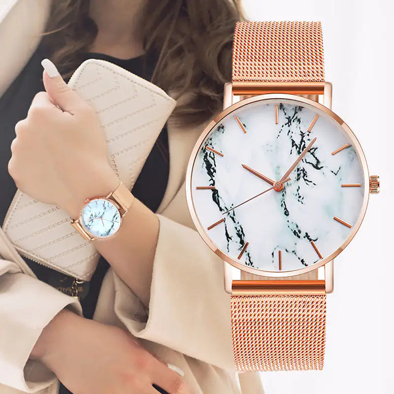 Rose Gold Mesh Band Marble Wrist Watch