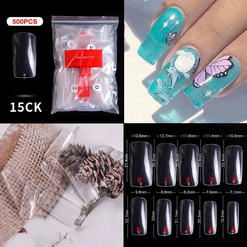 500pcs Natural Clear False Acrylic Nail Tips - Full/Half Cover Tips