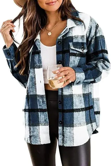 Women Flannel Casual Plaid Button Down Long Sleeve Woolen Shirt