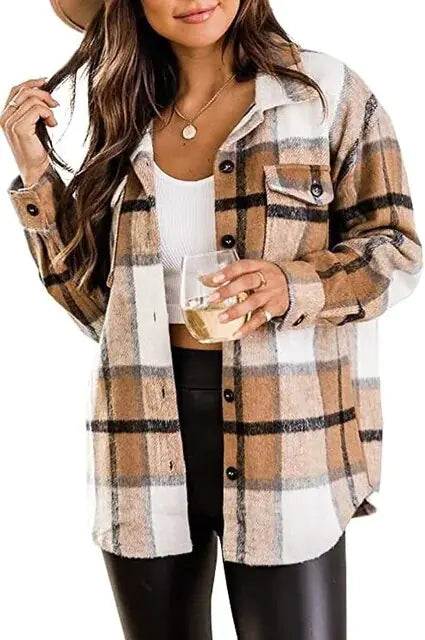 Women Flannel Casual Plaid Button Down Long Sleeve Woolen Shirt