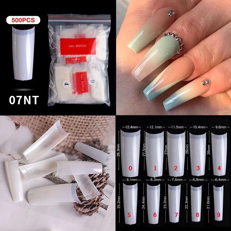 500pcs Natural Clear False Acrylic Nail Tips - Full/Half Cover Tips