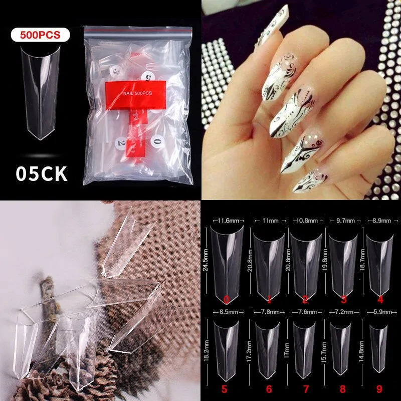 500pcs Natural Clear False Acrylic Nail Tips - Full/Half Cover Tips