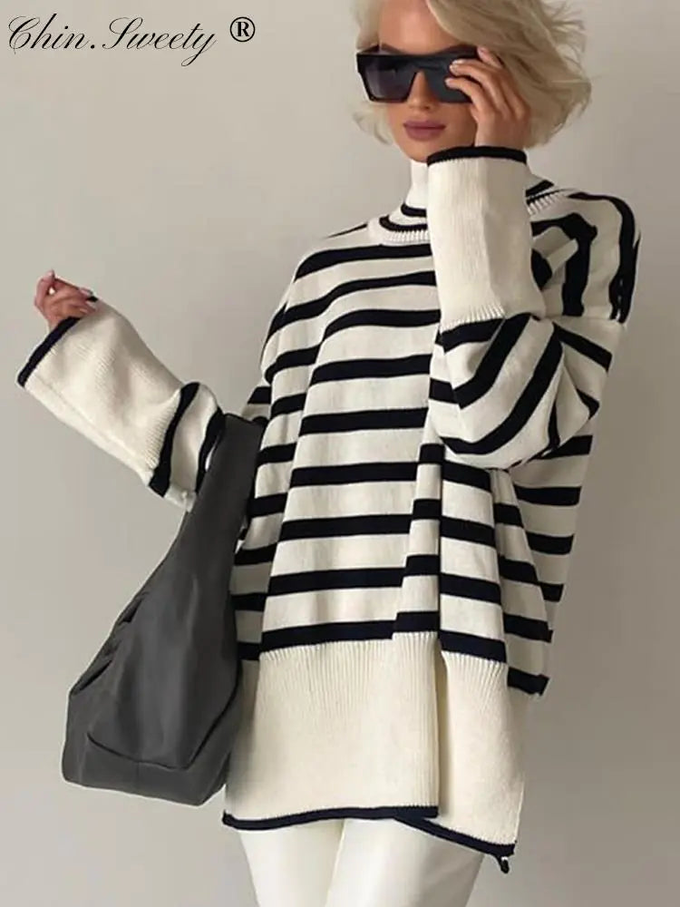 Loose Striped Turtleneck Sweater