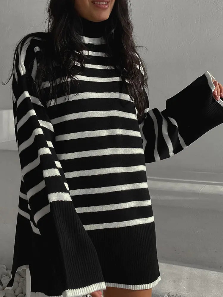 Loose Striped Turtleneck Sweater