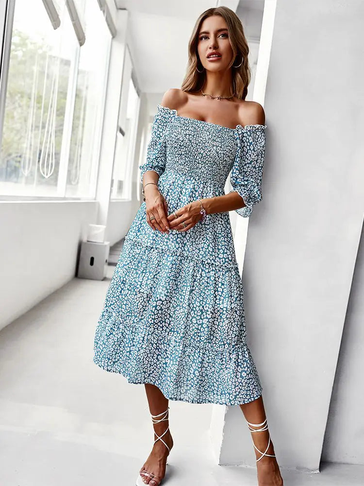 Off Shoulder High Waist Ruffle Stitching Dress