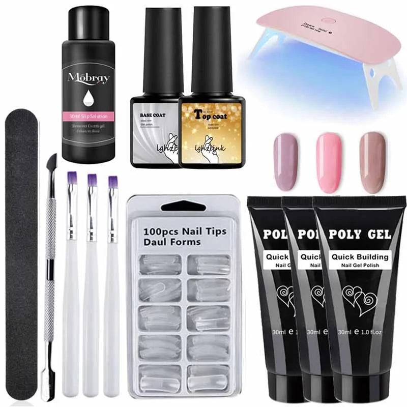 French Nail Art Poly Gel Kit with UV Brush and Nail Tips