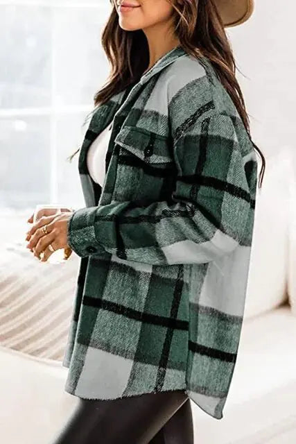 Women Flannel Casual Plaid Button Down Long Sleeve Woolen Shirt