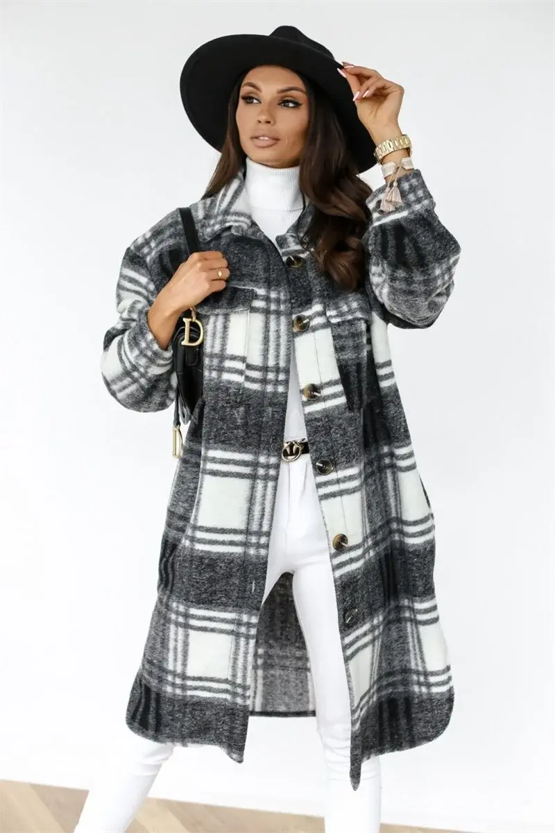 Women's Plaid Printed Long Overcoat Jacket