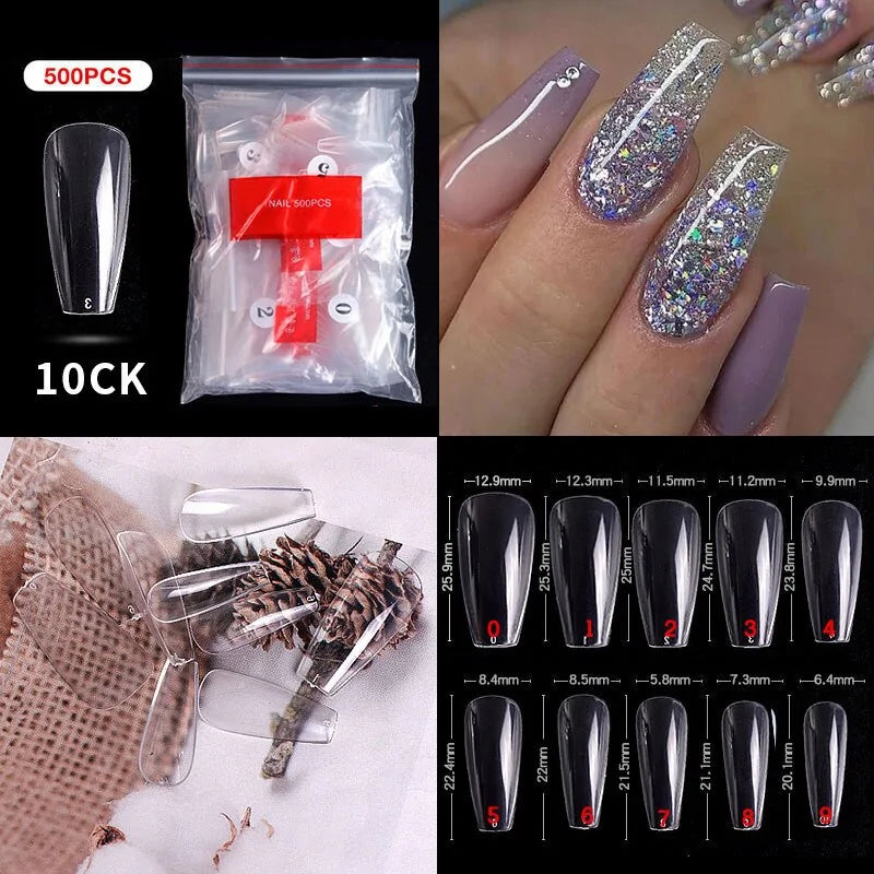 500pcs Natural Clear False Acrylic Nail Tips - Full/Half Cover Tips