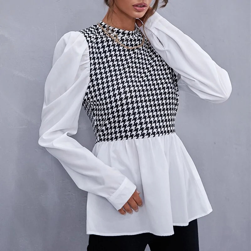 The Vintage Patchwork Plaid O-Neck Blouse