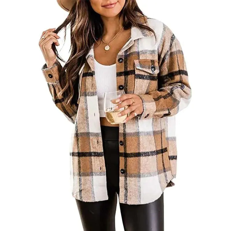 Women Flannel Casual Plaid Button Down Long Sleeve Woolen Shirt